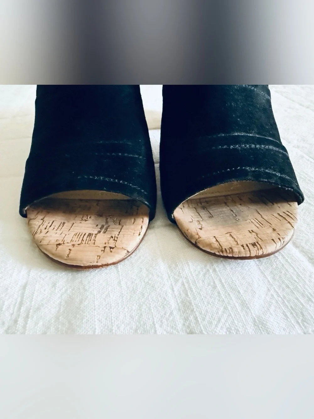 Marc Fisher Prenna Black Suede Open Toe Cork High Heel Slip-On Mule Sandals 9M